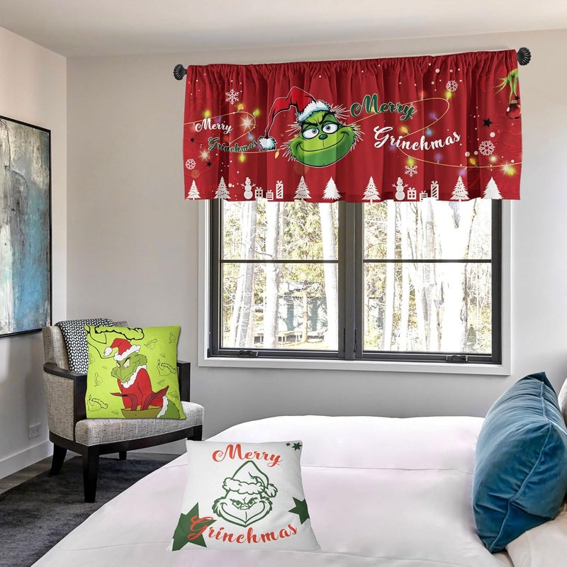 SUNWISHA Christmas Valance Curtains 52x18 inch - Designed with Playful Green Monster - Kitchen/Bathroom Winter Decor - Rod Pocket Valances for Holiday Homes Red - Image 4